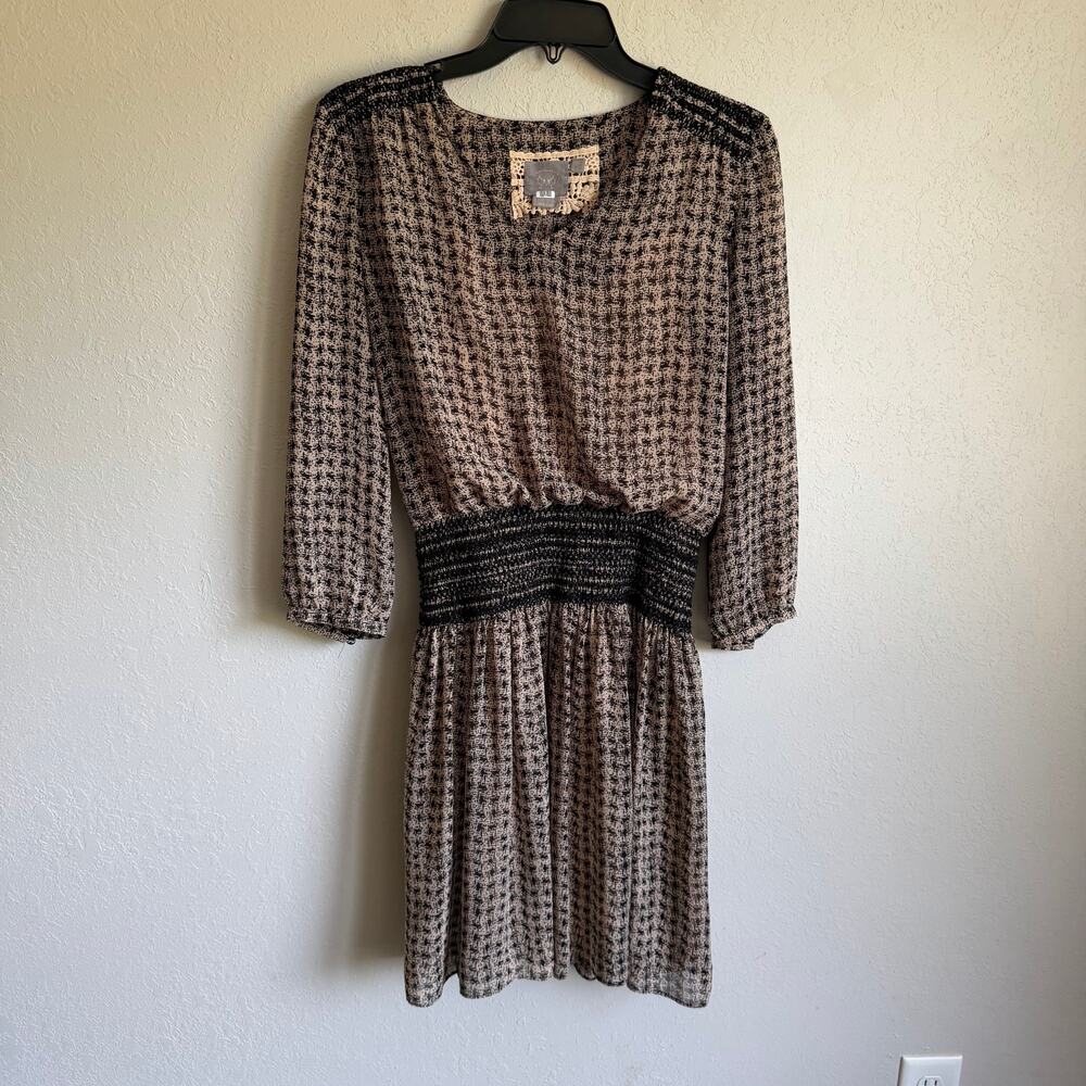 Vanessa Virginia Daytripper Smocked Waist Black Tan Print Chiffon Dress Womens S
